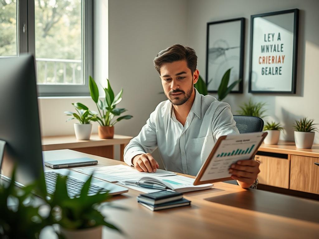 **Prompt for AI Image Generation:**

Create a realistic high-resolution photograph that embodies the theme "Unlocking Financial Freedom: 5 Essential Credit Tips." The image should feature a single subject centered in the frame: a confident young professional (mid-30s, gender-neutral) sitting at a sleek desk illuminated by soft natural light streaming in from a nearby window. The subject is engaged in reviewing financial documents, such as a credit report and a tablet displaying financial graphs and data.

T