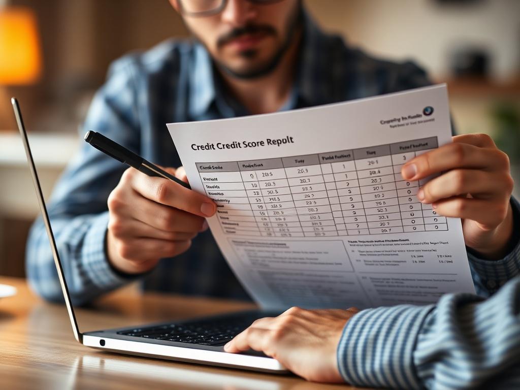 A close-up shot of a motivated individual reviewing their credit score report with a laptop and a pen in hand, showcasing a sense of focus and determination. The background is slightly blurred, emphasizing the individual and their financial goals, with warm lighting to create an inviting ambiance.
