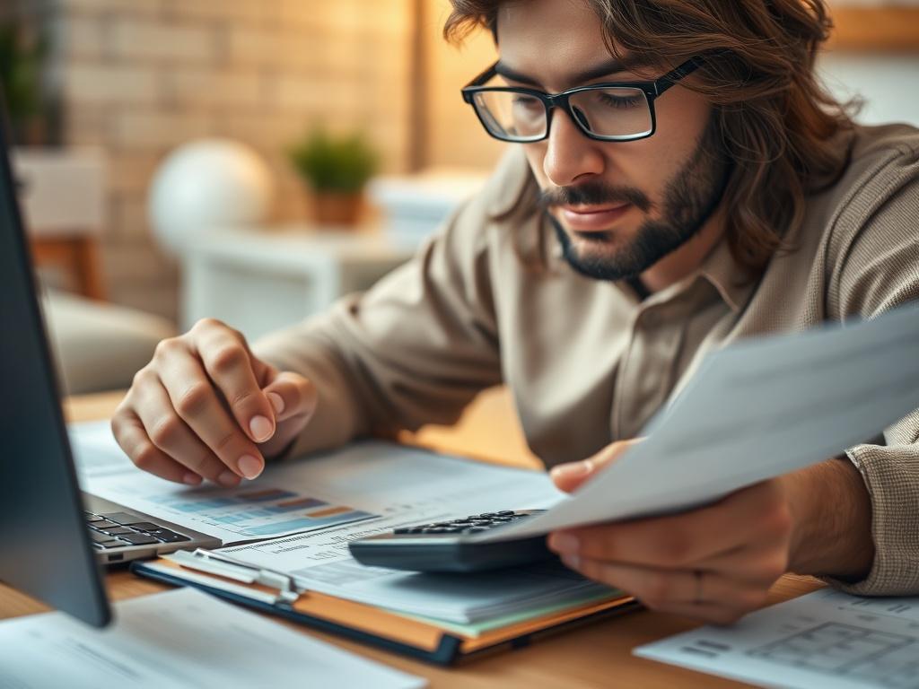 A close-up shot of a determined individual working on a debt payment plan with a calculator and financial documents, surrounded by a comfortable workspace. The background is softly blurred to keep the focus on the individual and their task, with warm lighting enhancing the scene.