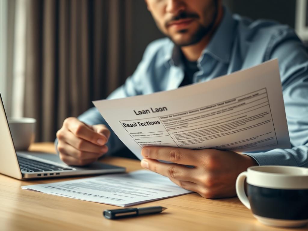 A close-up shot of a confident individual reviewing loan application documents at a desk, with a laptop and a coffee cup nearby. The background is softly blurred to enhance focus on the subject and the paperwork, capturing a sense of professionalism and determination. The lighting is warm and inviting.