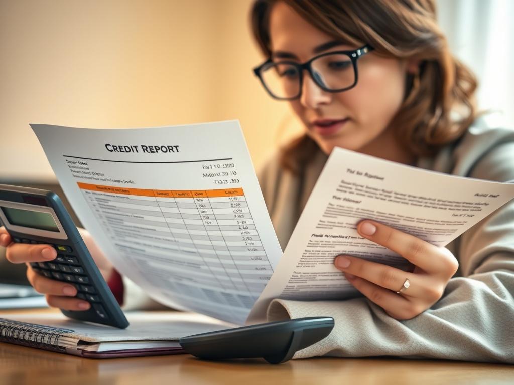 A focused shot of a person analyzing their credit report documents with a look of determination, surrounded by a calculator and a notepad. The background is a soft blur, emphasizing the subject's engagement with their finances. Warm lighting creates an inviting atmosphere.