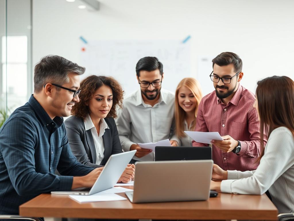 A close-up shot of a diverse group of professionals engaged in a brainstorming session, surrounded by notes and laptops, showcasing collaboration and teamwork. The background should be soft and blurred, with the primary color rgb(50, 170, 39) subtly incorporated into the office decor.