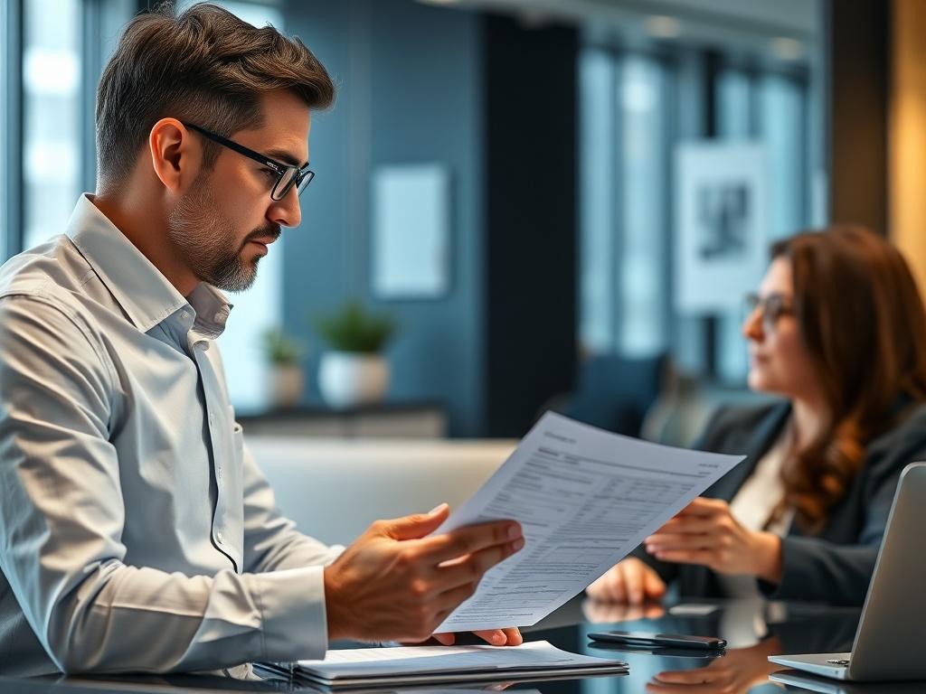 A close-up shot of a financial consultant explaining a credit report to a client, both engaged in discussion. The background should feature a softly blurred office setting, with the primary color rgb(50, 170, 39) reflected in the decor.
