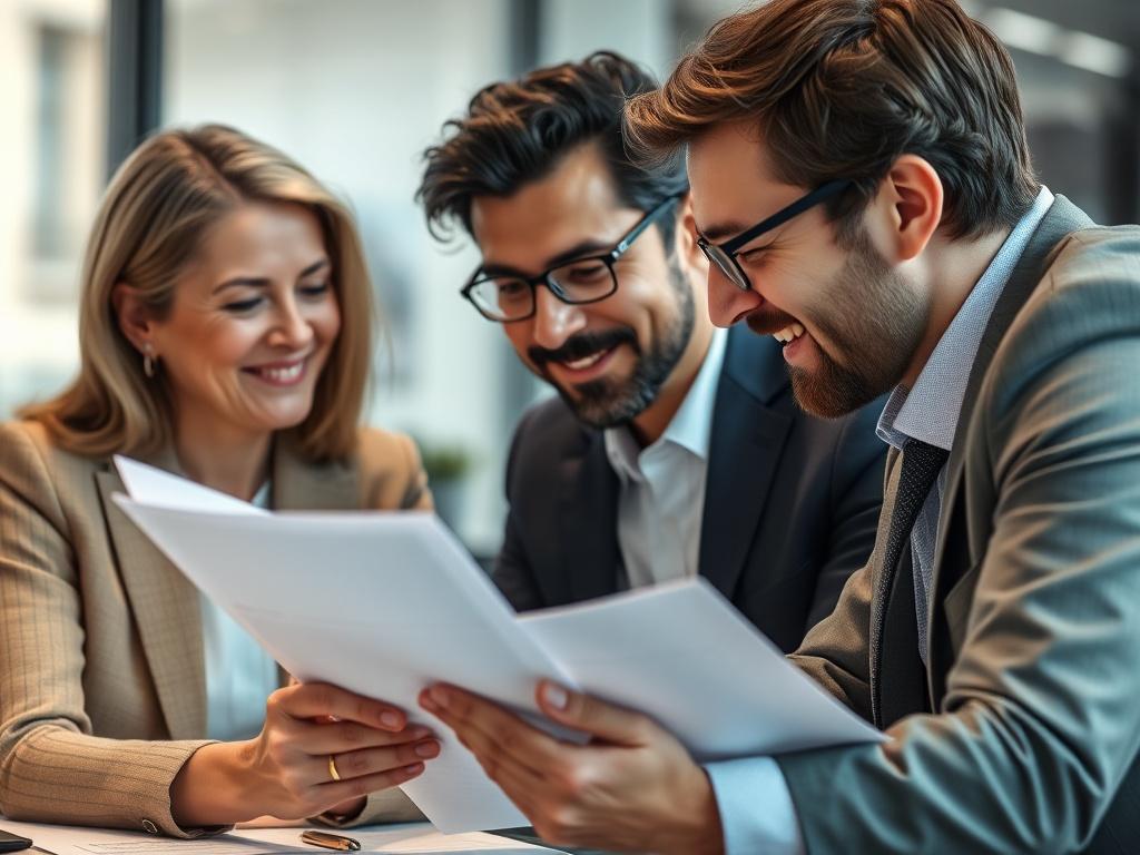 A close-up shot of a satisfied client reviewing documents with a financial advisor, showcasing a positive and productive interaction. The background should have a softly blurred office atmosphere, with the primary color rgb(50, 170, 39) subtly featured.
