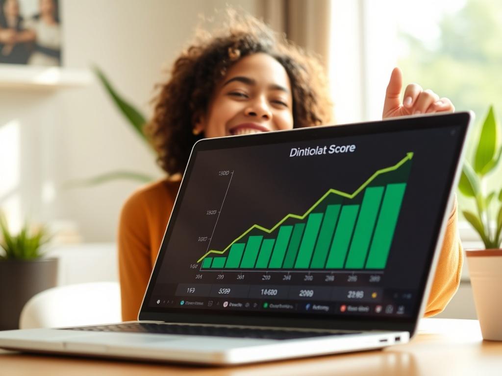 A close-up shot of a happy individual celebrating in front of a laptop showcasing a rising credit score graph on the screen. The setting is bright and inviting, with natural light illuminating the scene. The individual exudes joy and confidence, symbolizing financial achievement. The background is softly blurred, drawing attention to the subject and the positive credit score visual, while incorporating shades of green to align with the primary color of rgb(50, 170, 39).