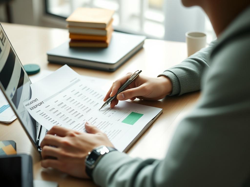 A close-up shot of a professional consultant analyzing a credit report on a laptop. The consultant is focused, with a pen in hand, ready to take notes. The setting conveys a sense of professionalism, with a clean desk and a few financial documents in the background. The colors in the image reflect a calm and organized atmosphere, incorporating shades of green to match the primary color of rgb(50, 170, 39).
