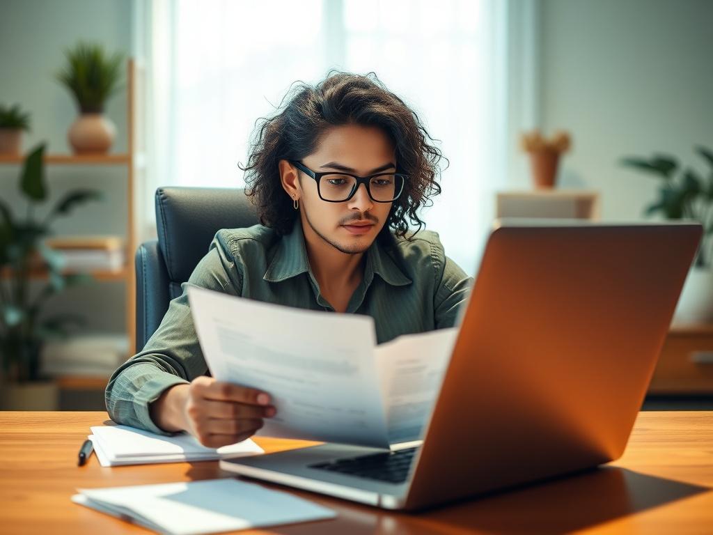 A close-up shot of a confident individual sitting at a desk, reviewing loan application documents with a laptop open. The setting is well-lit, with a warm, professional atmosphere. The individual is focused and determined, showcasing a sense of empowerment. The background is softly blurred to emphasize the subject, and the color palette incorporates shades of green, aligning with the primary color of rgb(50, 170, 39).