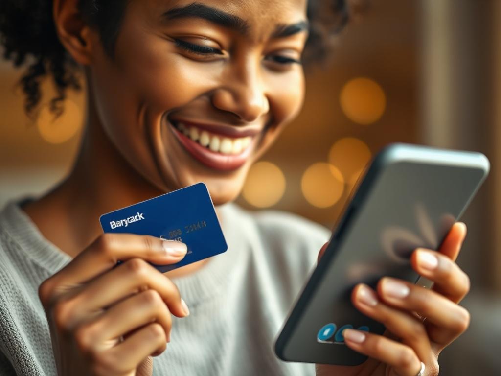A close-up shot of a person smiling while holding a newly issued bank card in one hand and a smartphone displaying a banking app in the other. The background is softly blurred with warm lighting, focusing on the positivity of financial empowerment. The image should capture a sense of achievement and readiness for new financial opportunities, shot with a 45mm f/1.2 lens.