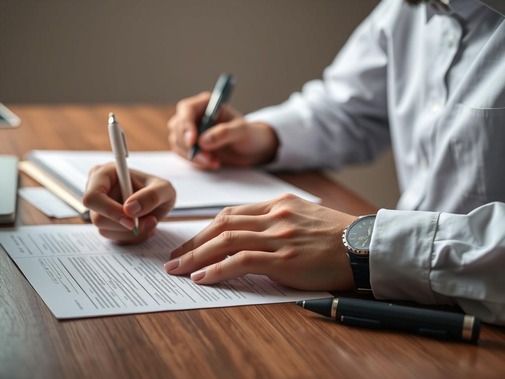 A close up shot of a person filling out a