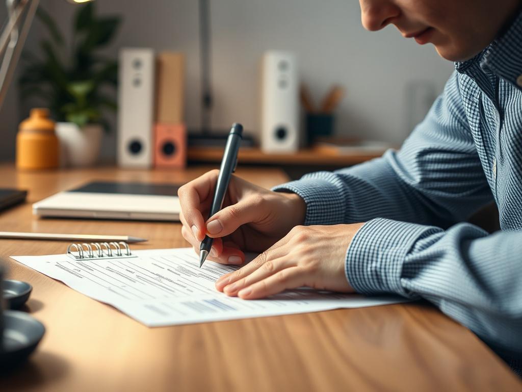 A close-up shot of a person filling out a credit card application form at a desk. The scene captures a focused expression as they write, with a clean and organized workspace in the background. The desk should have a well-lit environment, with soft lighting that highlights the details of the form and the person's hand. The primary color theme should incorporate shades of rgb(50, 170, 39), creating a professional yet inviting atmosphere.