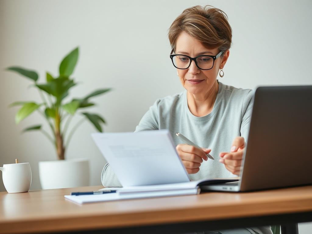 A focused close-up shot of a confident financial advisor sitting at a desk, reviewing a grant application. The advisor is a middle-aged woman with glasses, dressed professionally, and engaging with a laptop and a notepad. The background is a minimalist office space with soft lighting, showcasing a green plant to symbolize growth and opportunity. The overall tone is optimistic and professional, reflecting the theme of financial assistance.