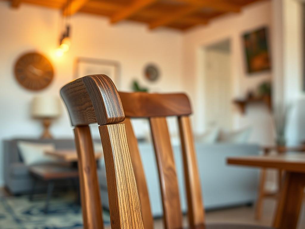 Create a realistic high-resolution photo featuring a stunning close-up shot of a handcrafted piece of furniture, such as a beautifully crafted wooden chair or table, showcasing intricate details and textures. The composition should be simple and clear, focusing entirely on the single piece of furniture as the subject. Capture the natural grain of the wood, highlighting any unique carvings or joinery that reflect local craftsmanship. In the background, include a softly blurred interior space that hints at a 