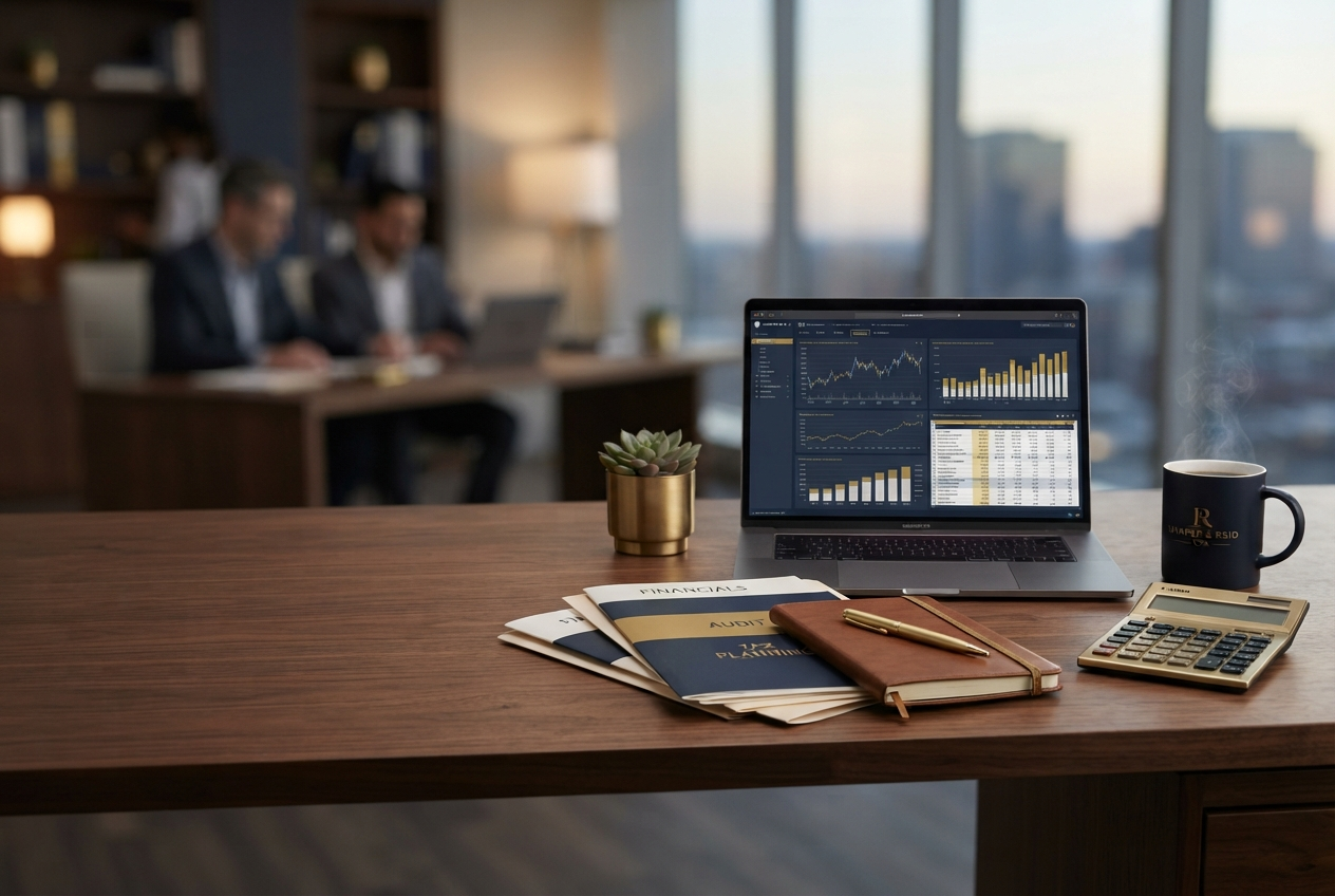 Accountant's desk with laptop showing financial charts, organized folders, and a calculator