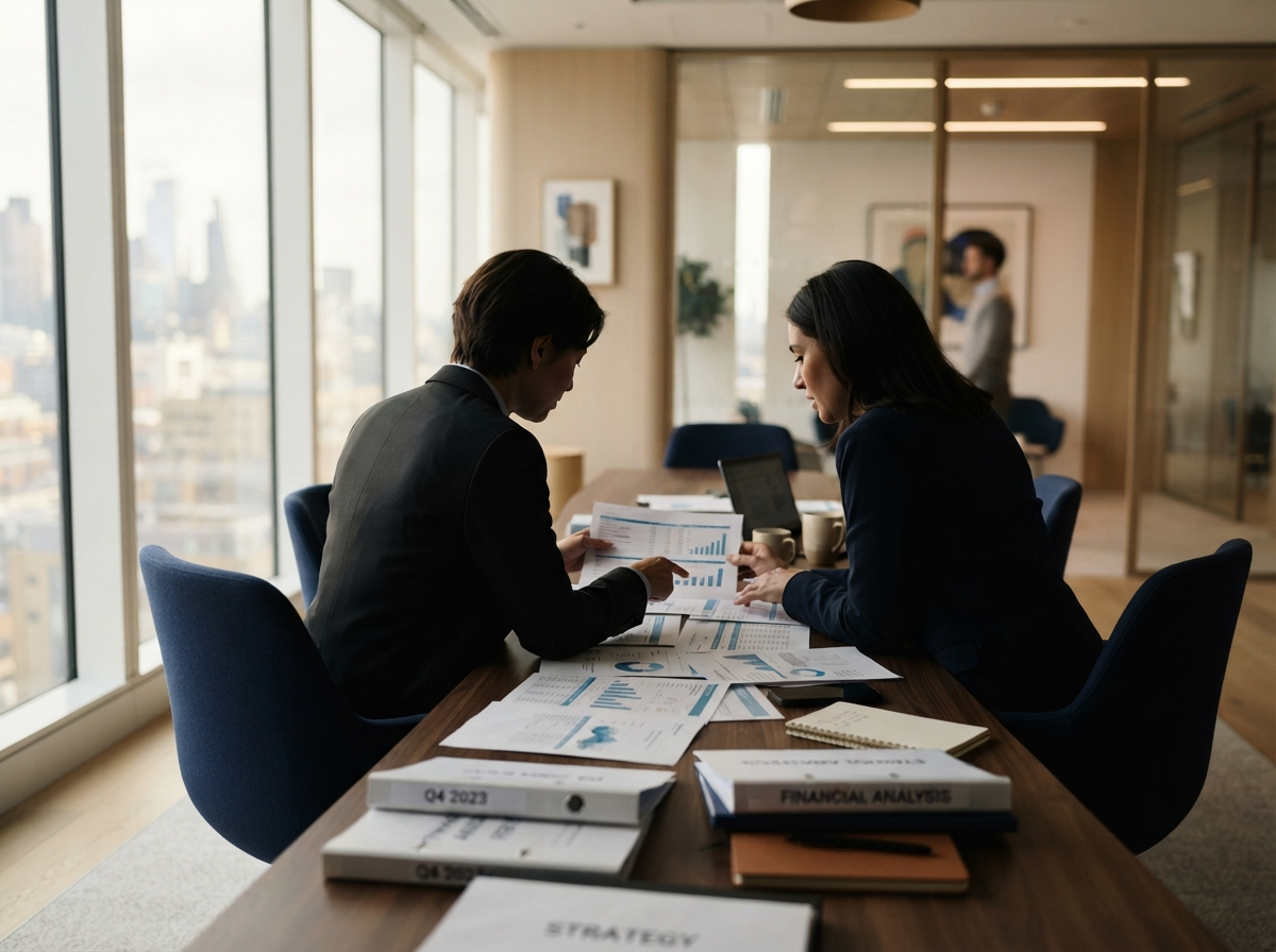 Two advisors reviewing financial reports together at a conference table