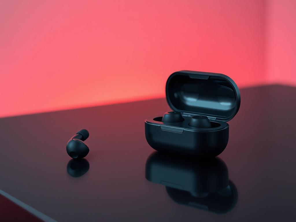 A high-resolution, photorealistic image of Wireless Earbuds charging in their case on a sleek black table. The earbuds should be prominently displayed, showcasing their compact design and sleek finish. The background should be minimalistic, possibly with a subtle blurred effect to highlight the earbuds, while maintaining an energetic vibe with bold colors that reflect sound and movement.