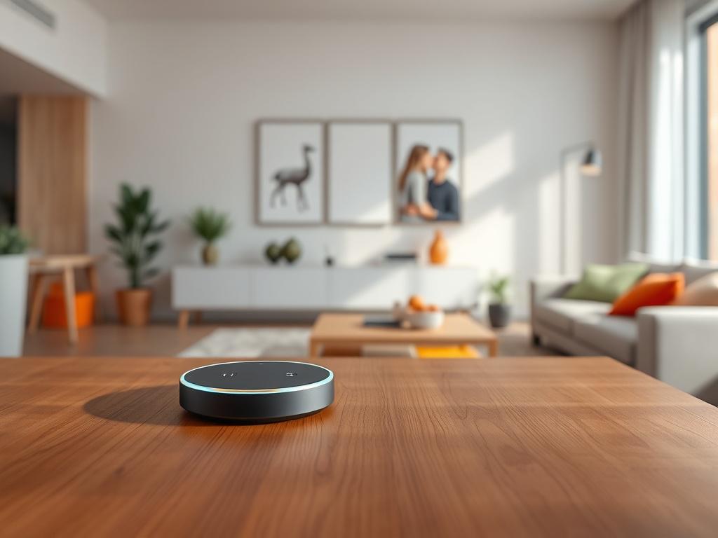 A realistic high-resolution photo of a sleek Smart Home Hub placed on a minimalist wooden table. The hub is round and modern in design, featuring a glowing interface. The background should be a softly lit living room with clean lines and a warm atmosphere, emphasizing the hub's tech-savvy nature. Use bold vibrant colors in the decor to contrast with the minimalistic style.