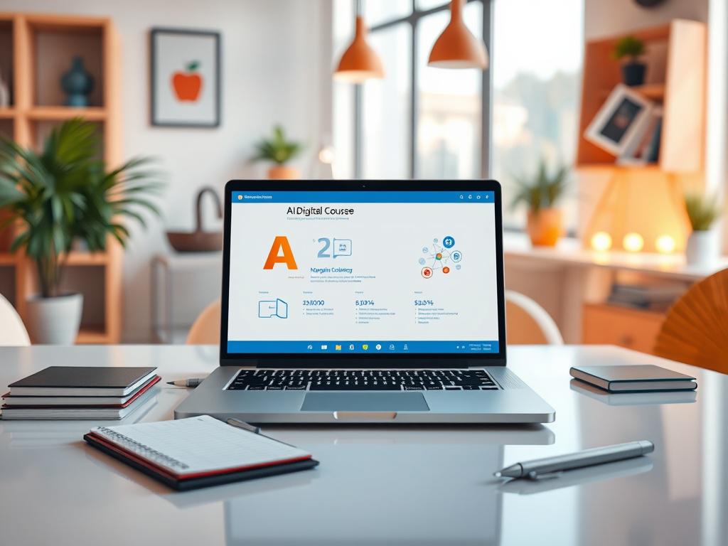 A lifelike, high-resolution image of a laptop displaying the interface of an online AI Digital Course. The laptop is placed on a clean, modern desk with a notepad and pen nearby. The background should be a bright, inviting workspace, with elements reflecting innovation and creativity, using vibrant colors that inspire learning and progress.
