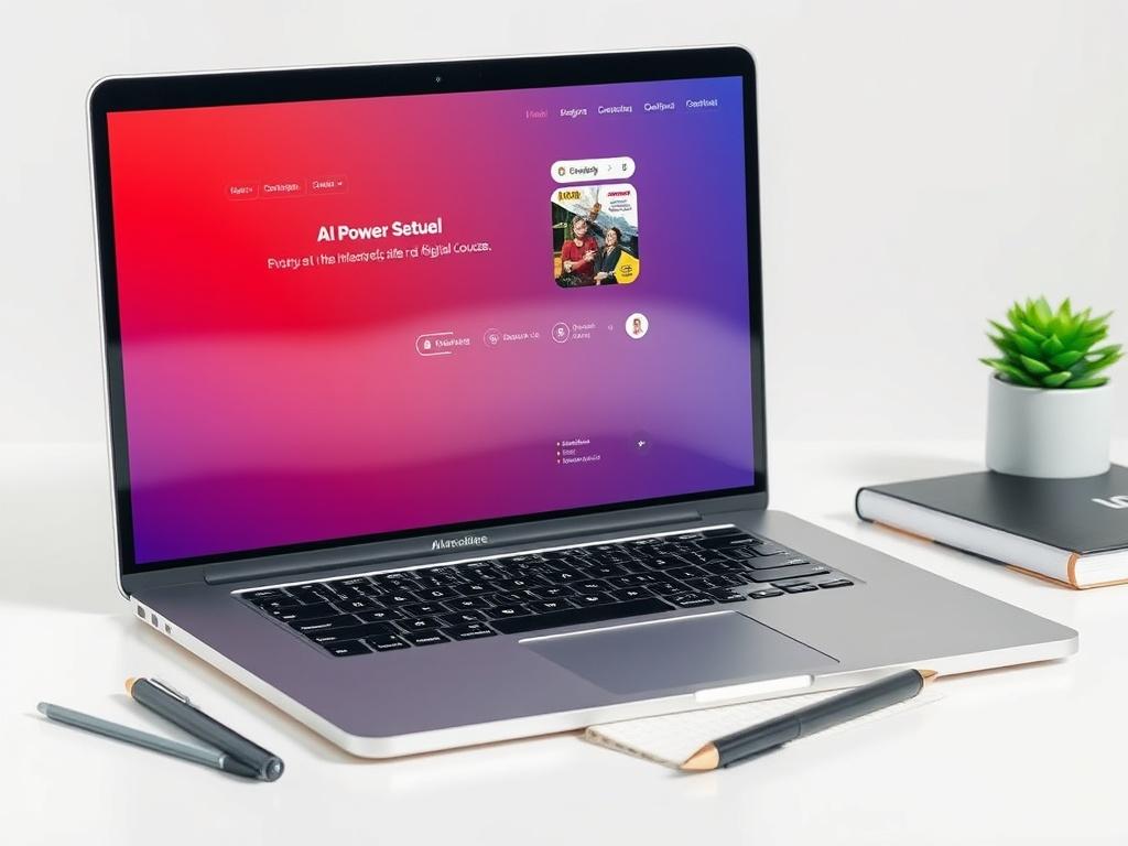 A clean and modern workspace featuring a laptop displaying the interface of the AI-Powered Digital Course. The laptop should be open and positioned at an angle to show the course content clearly. Surrounding the laptop, include a notepad and a pen to imply a study environment. The background should be light and minimalistic, enhancing the laptop's vibrant screen, while subtle hints of the RGB(69, 10, 186) color scheme can be incorporated into the workspace.
