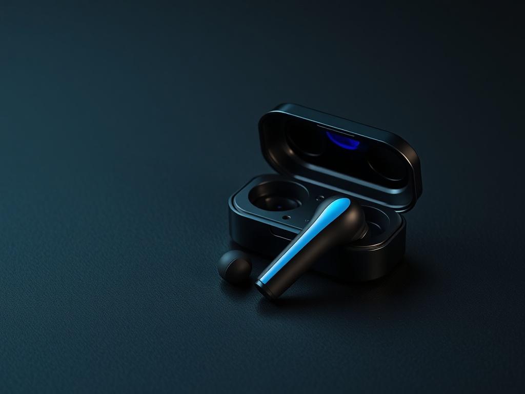 A pair of sleek and stylish wireless earbuds resting on a dark, textured surface, with the charging case slightly opened beside them. The earbuds should have a glossy finish that reflects light, highlighting their modern design. The background should be minimalistic, with soft shadows to create depth, while vibrant colors accentuate the earbuds, ensuring they stand out against the RGB(69, 10, 186) scheme.