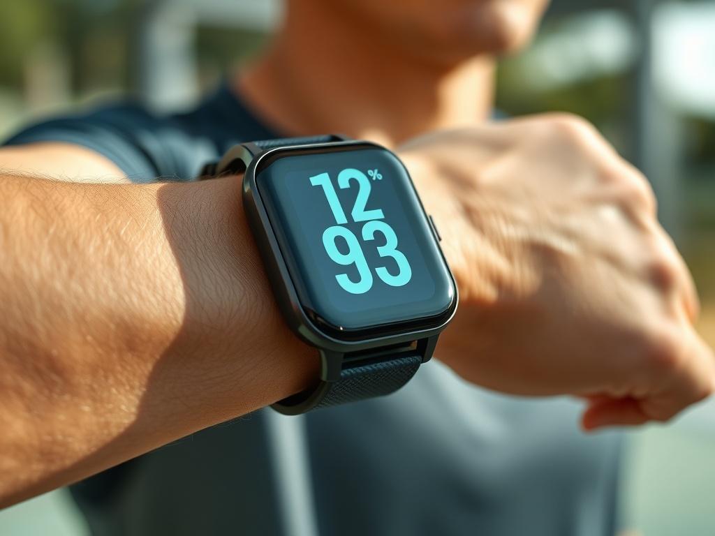 A lifelike image of an AI-Powered Fitness Tracker worn on a wrist, showcasing its vibrant display. The background should be a blurred outdoor setting, perhaps a park or gym, emphasizing an active lifestyle. The focus should be on the tracker, highlighting its sleek design and modern features.