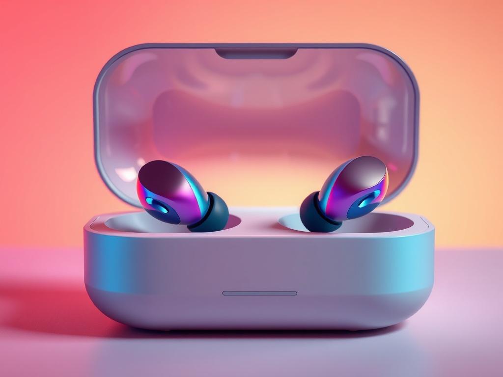 A high-resolution image of Wireless Earbuds displayed in an elegant charging case. The earbuds should be prominently featured in the foreground, with the case slightly open. The background should be a soft gradient that complements the vibrant design of the earbuds, creating a modern and sleek atmosphere.