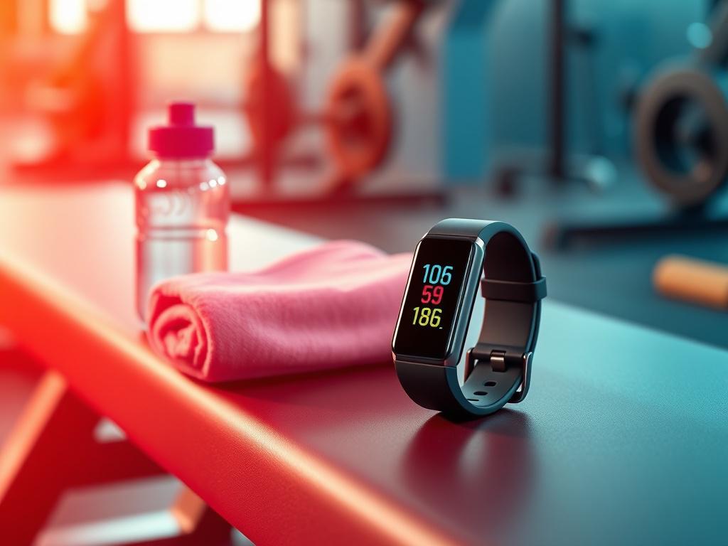 An AI-powered fitness tracker displayed on a gym bench beside a water bottle and towel. The tracker is the focal point, showcasing its sleek design and digital display. The background features gym equipment, emphasizing an active lifestyle. The color scheme includes dynamic and bold colors that resonate with the RGB(69, 10, 186) primary color, creating an energetic atmosphere.
