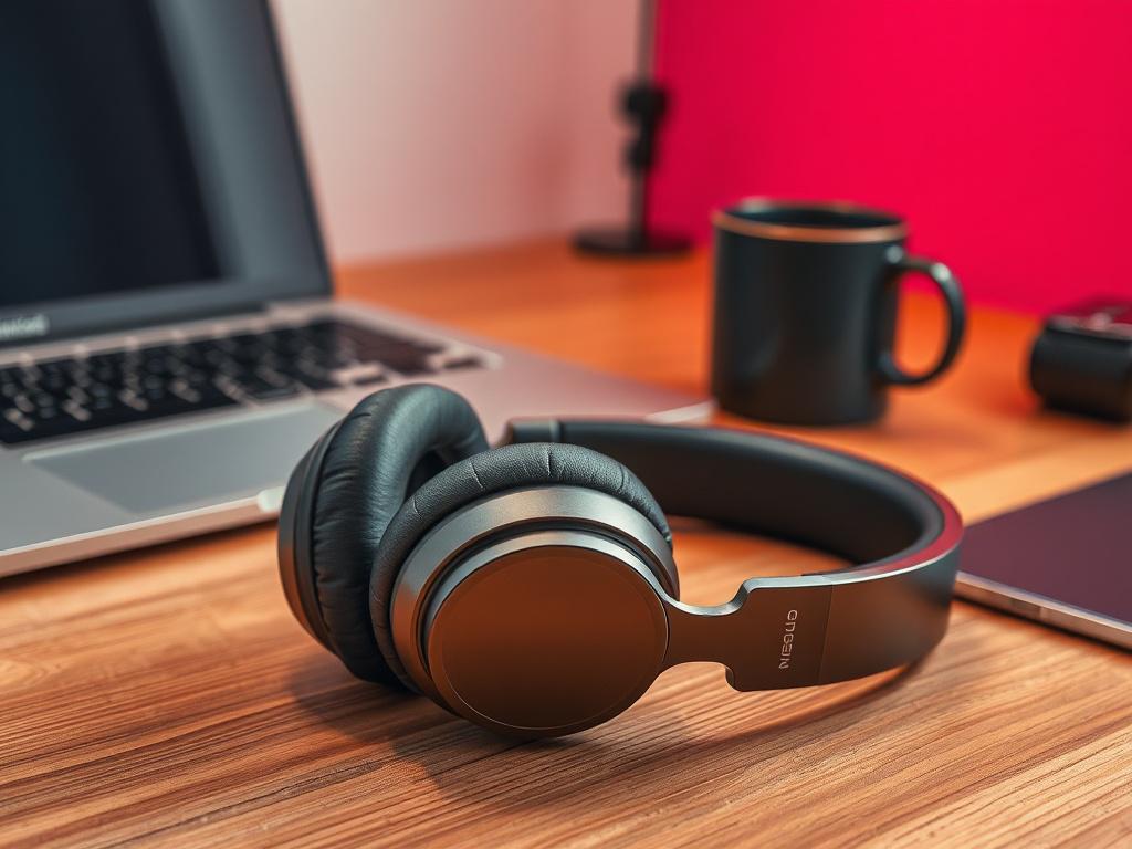 A pair of stylish wireless noise-cancelling headphones resting on a wooden desk. The headphones should be the focal point, showcasing their sleek design and soft ear cushions. The background features a minimalist setup with a laptop and a coffee mug, highlighting a modern workspace. The color palette includes bold, vibrant colors that complement the RGB(69, 10, 186) primary color, creating a visually appealing scene.
