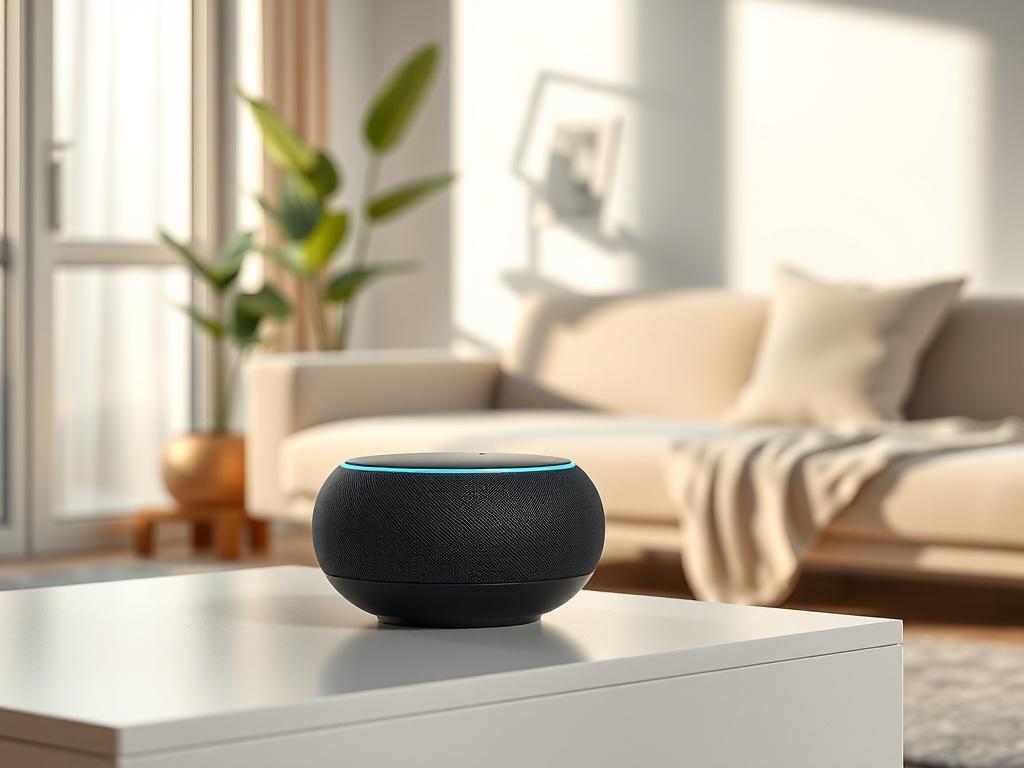 A sleek, modern smart home assistant device placed on a minimalist table in a well-lit living room. The background features a stylish sofa and a potted plant, emphasizing a clean and contemporary design. The smart home assistant is the only subject in the image, showcasing its elegant curves and finish. The color scheme includes vibrant elements that harmonize with the RGB(69, 10, 186) primary color, creating an inviting atmosphere.