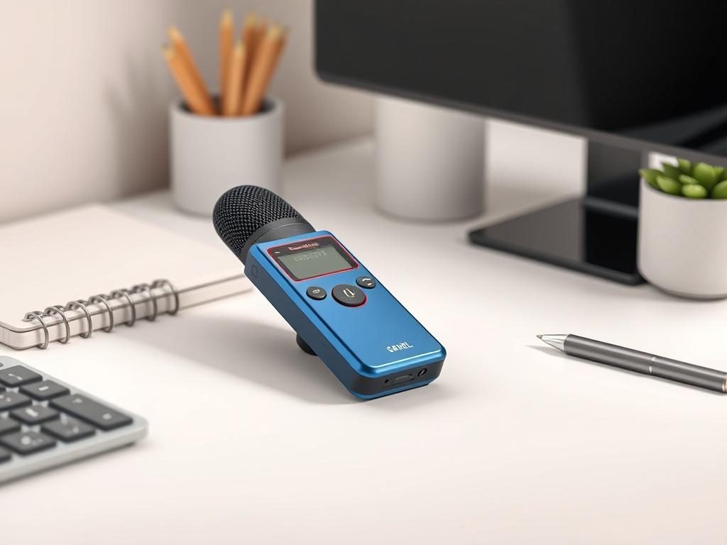A highly detailed, photorealistic image of the AI-Powered Voice Recorder and Call Recorder on a minimalistic workspace. The device should be depicted in sleek, modern design with clean lines, showing its vibrant color against a soft, neutral background. The focus should be solely on the recorder, highlighting its buttons and features, ensuring a realistic representation of the product.