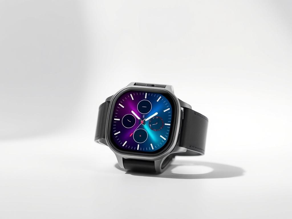 Create a realistic high-resolution photo featuring a sleek, cutting-edge gadget as the main subject. The gadget could be a state-of-the-art smartwatch, showcasing its vibrant display and modern design. The composition should be minimalistic, with the gadget positioned centrally against a clean white or light gray background to draw attention to its details. Use bold, vibrant colors that reflect the device's design, enhancing its visual appeal. Incorporate soft shadows beneath the gadget to give it depth and