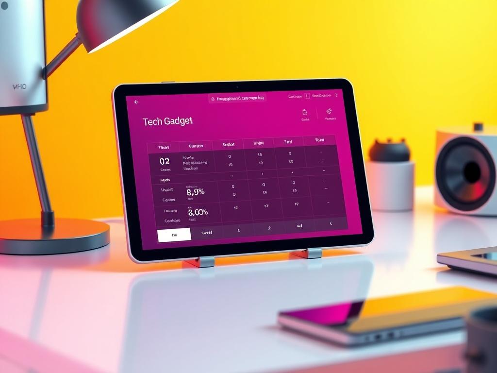 A realistic high-resolution photo of a digital tablet displaying a tech gadget comparison interface, placed on a minimalistic desk. The tablet should be the main focus, with the screen content clearly visible. The background should be bright and modern, with colors that match the rgb(69, 10, 186) primary color.