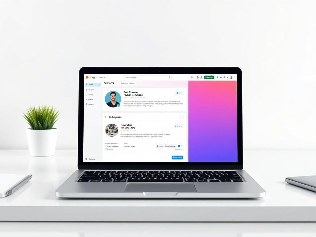 A realistic high-resolution photo showcasing a laptop displaying an online course interface, set against a clean, minimalistic workspace. The laptop should be the only subject, emphasizing its screen content. The background should be bright and uncluttered, with vibrant colors that reflect the rgb(69, 10, 186) primary color.
