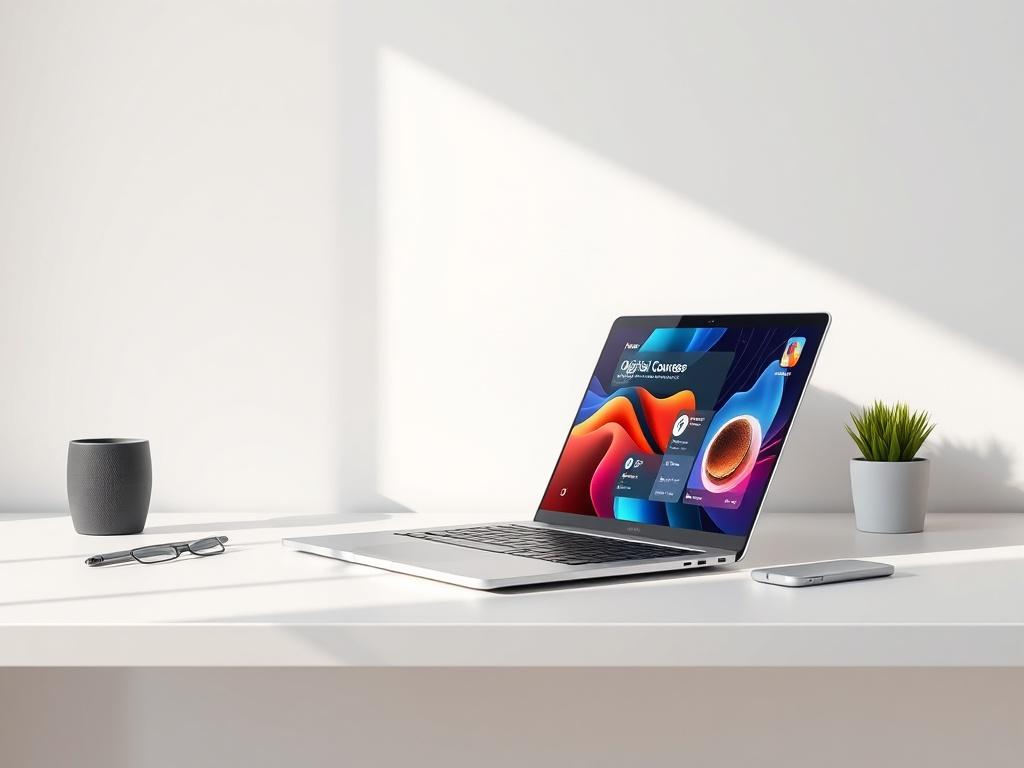 A high-resolution photo featuring a sleek and modern laptop displaying a vibrant interface related to technology and digital learning. The laptop is placed on a minimalist desk with a clean, white background. The focus is on the laptop, which has an engaging graphic that represents digital courses. Soft natural light illuminates the scene, enhancing the modern and inviting atmosphere.