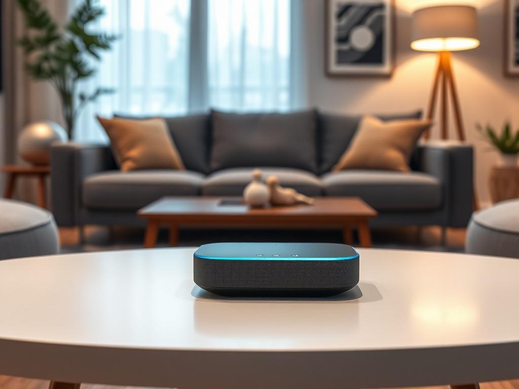 A realistic high-resolution image of a sleek Smart Home Assistant device on a modern living room table. The device should be the only subject, showcasing its minimalist design and clean lines. The background should be a cozy living room with soft lighting, highlighting its integration into a stylish home environment. Use bold, vibrant colors to create an inviting atmosphere, focusing on the device's essential features.