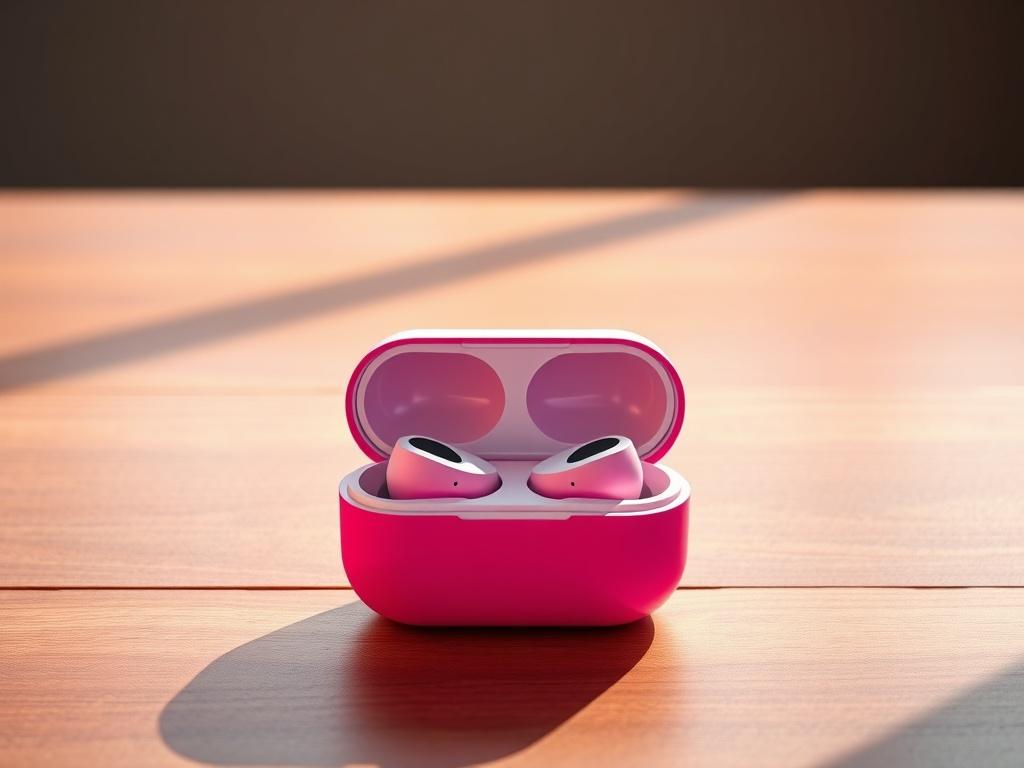A photorealistic high-resolution image of Wireless Earbuds placed inside their sleek charging case on a wooden table. The earbuds should be the main focus, highlighting their compact design and modern aesthetics. The background should be minimalistic, with soft natural light enhancing the details of the earbuds and case. Use bold colors to emphasize the elegance and functionality of the product.