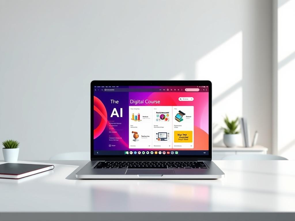 A high-resolution, photorealistic image of a laptop displaying the AI Digital Course interface on a clean desk. The laptop should be the only focus, showcasing the vibrant course materials on the screen. The background should be a minimalistic study area with good lighting, emphasizing a modern and inspiring workspace. Use bold colors to convey a sense of innovation and learning.
