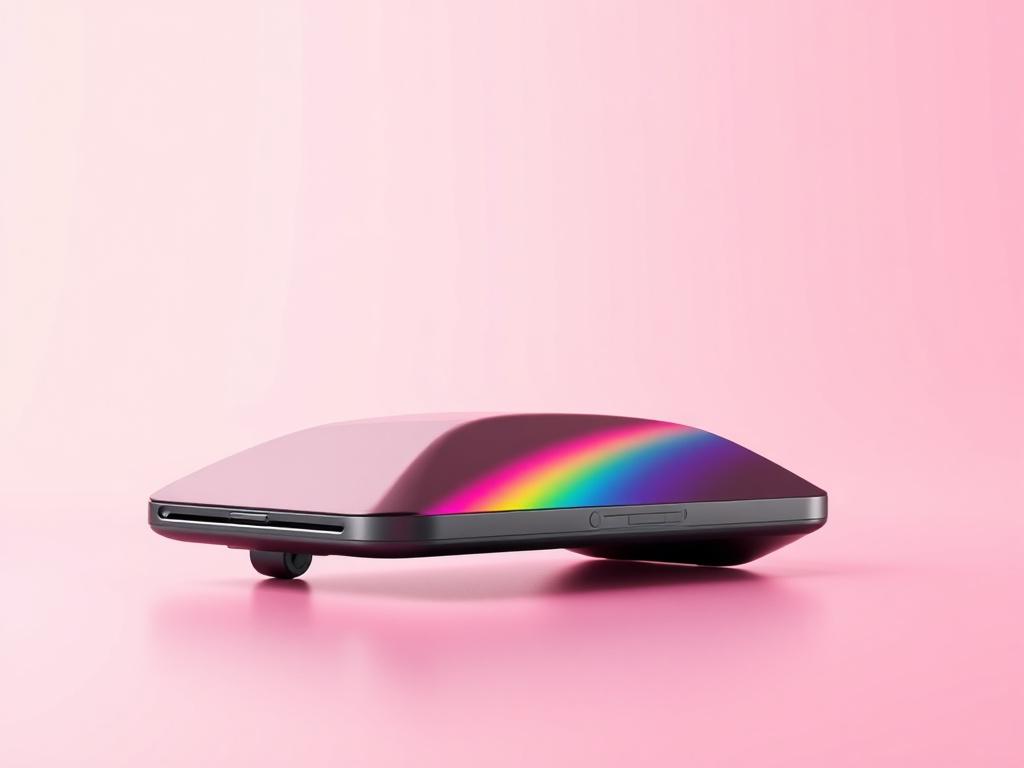 Create a realistic high-resolution photo of a sleek, modern tech gadget named 'Unnamed'. The gadget should have a minimalistic design with clean lines and vibrant colors that pop. The background should be simple and uncluttered, emphasizing the gadget. Use photorealistic rendering to capture intricate details and reflections on the surface of the gadget, ensuring it stands out as a cutting-edge technology product.