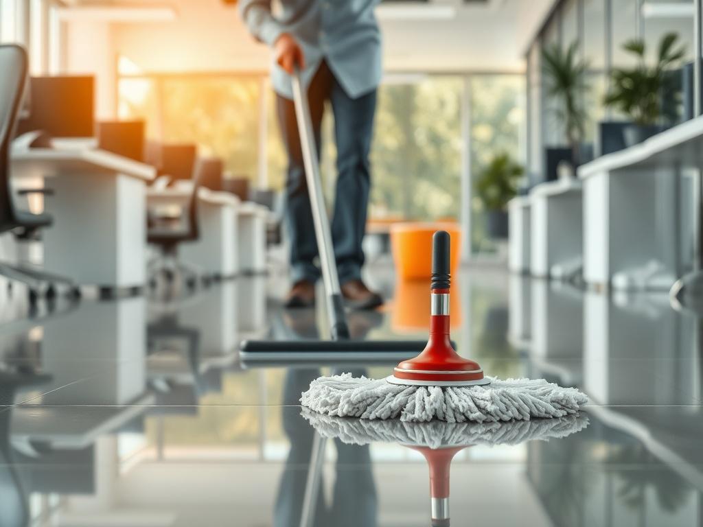A hyper-realistic close-up shot of a professional cleaner using a high-quality mop on a shiny office floor. The scene should capture the cleaner in action, focused and diligent, with reflections visible on the polished surface. The background should be a modern office space, showcasing clean desks and organized workstations, with natural light streaming in through large windows. The image should evoke a sense of cleanliness and professionalism.