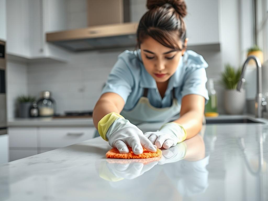 A hyper-realistic close-up shot of a professional cleaner scrubbing a kitchen countertop, with a sparkling clean environment in the background. The cleaner, wearing gloves and a focused expression, is using eco-friendly cleaning products. The kitchen is bright and well-lit, showcasing modern appliances and a tidy atmosphere. The image should emphasize cleanliness, with gleaming surfaces and a welcoming vibe, compatible with the rgb(50, 170, 39) primary color.