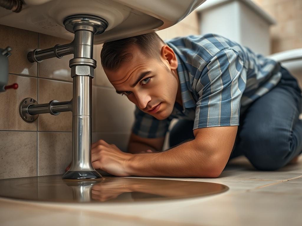 A close up shot of a plumber addressing an emergency