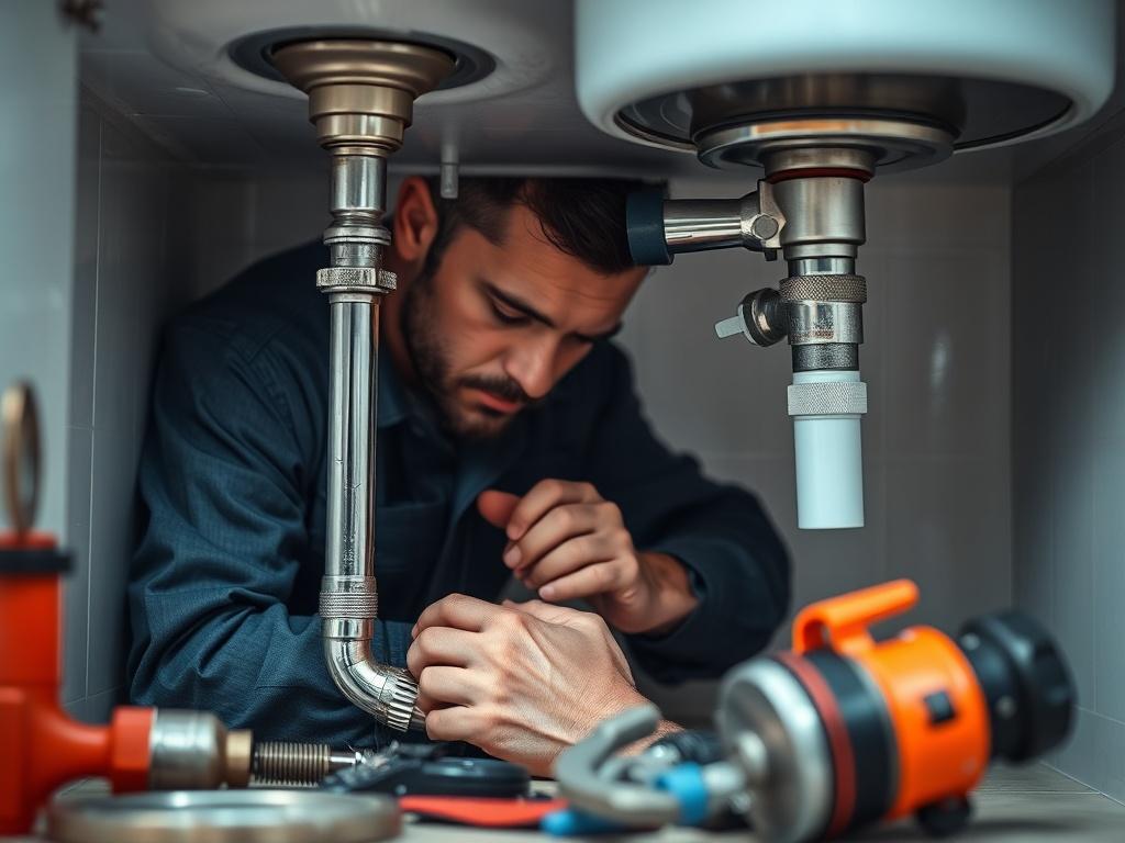 A close up shot of a professional plumber repairing a