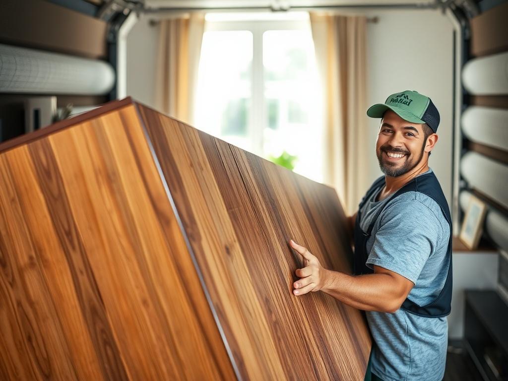 A hyper-realistic close-up shot of a smiling Trash Panda Junk Removal team member lifting a large piece of furniture into a truck. The background shows a tidy living room with sunlight streaming through a window, conveying a sense of cleanliness and order.