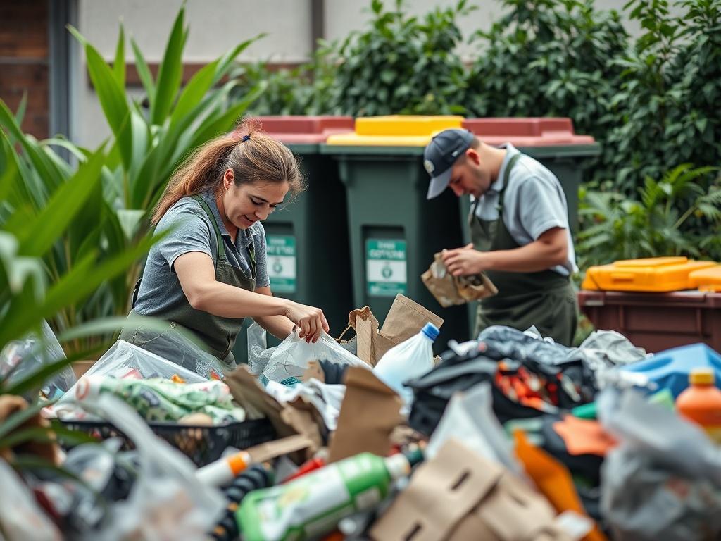 A hyper-realistic close-up shot of a Trash Panda Junk Removal team sorting through various items, with a focus on recycling bins in the background. The setting is outdoors, showcasing green plants and a sense of environmental care.