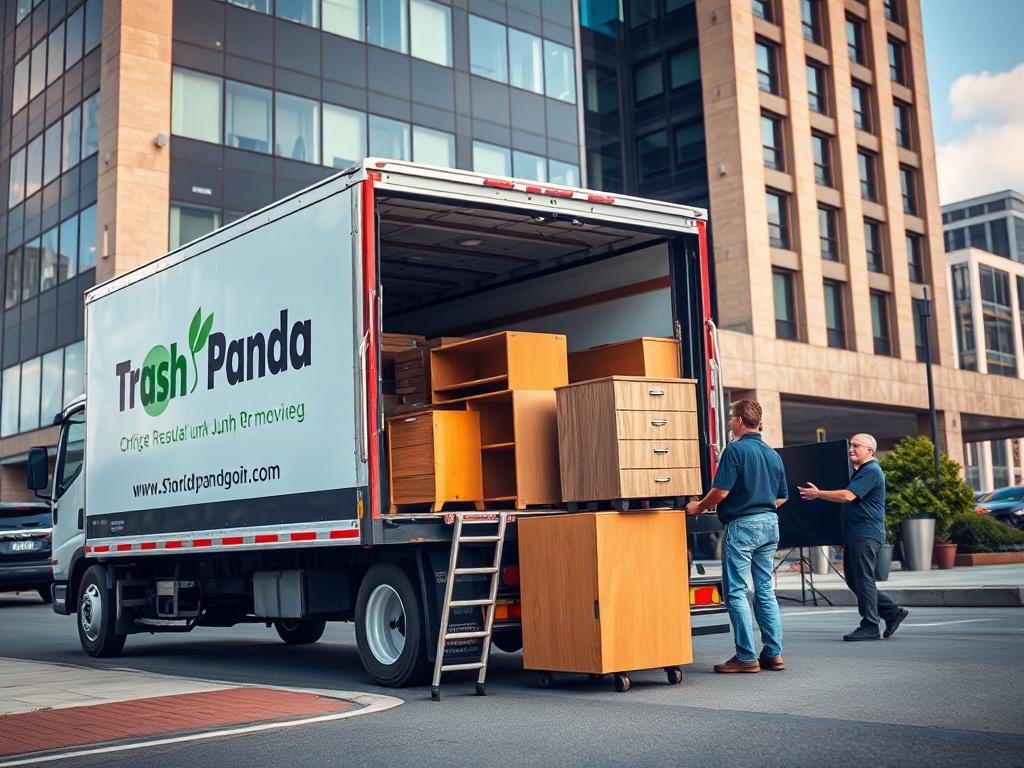 A hyper-realistic close-up shot of a Trash Panda Junk Removal truck parked outside a busy office building, with team members loading office furniture into the truck. The background features an urban setting with clear skies, emphasizing professionalism.