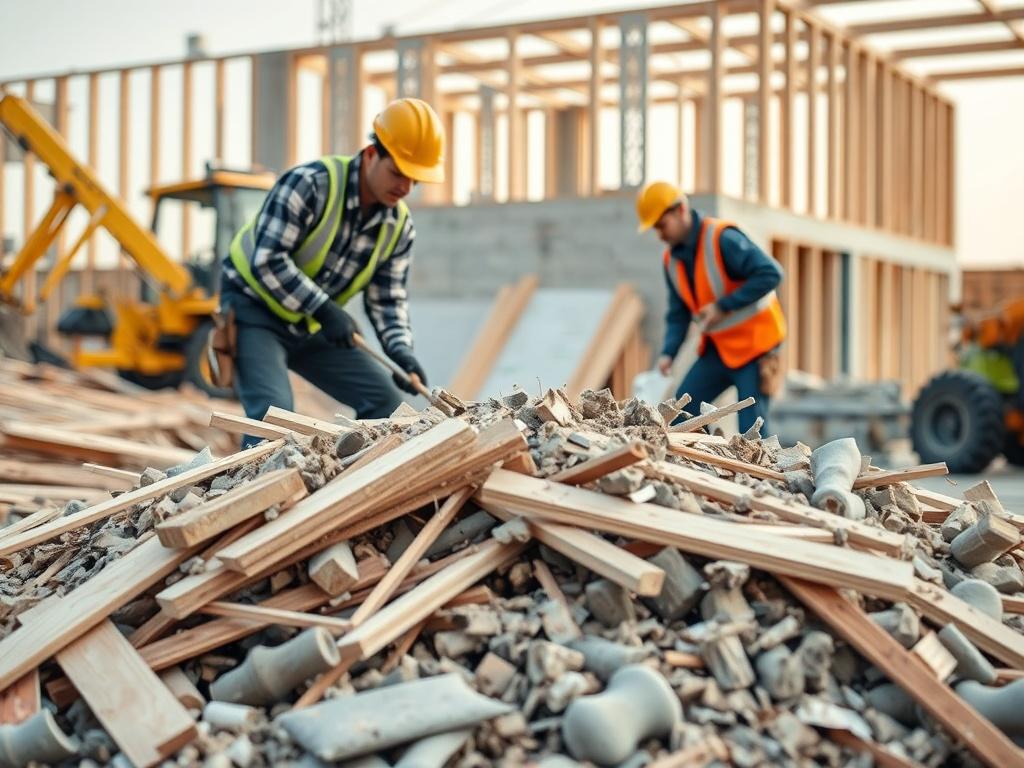 An action shot of construction workers clearing debris from a