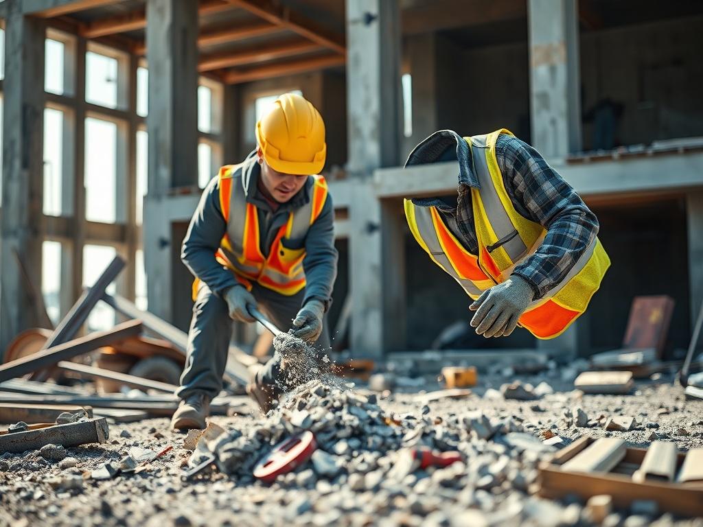 A close up shot of a construction worker wearing safety