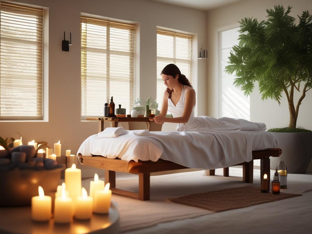 A serene spa setting featuring a massage table adorned with