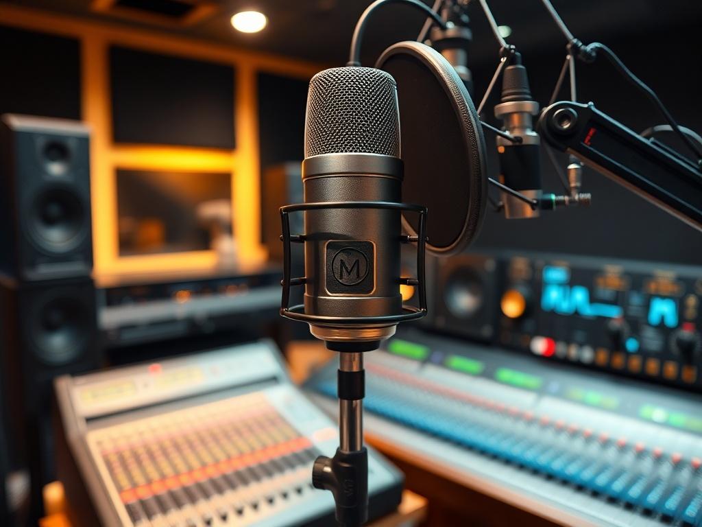 A close-up shot of a professional recording studio, showcasing a high-quality microphone and soundproof booth, with audio mixing equipment in the background. The lighting is warm and inviting, creating a creative atmosphere. The focus is on the microphone and the surrounding equipment, emphasizing clarity and quality.