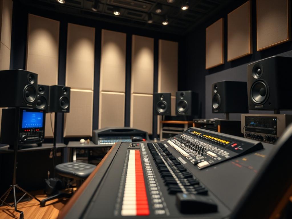 A close-up shot of a mastering studio, featuring high-end audio equipment and monitors. The environment is sophisticated, with a focus on the mastering console and sound treatment panels in the background. The lighting is subtle, enhancing the professional atmosphere.