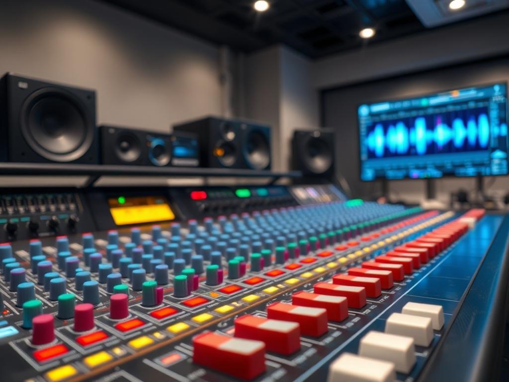 A high-resolution image of an audio mixing console, filled with colorful knobs and sliders. The studio environment is modern and sleek, with monitors displaying waveforms in the background. The focus is on the mixing console, highlighting the details of the equipment.